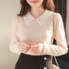 Lace-collar Faux-pearl Trim Top