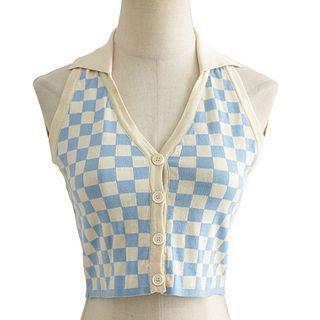Halter Neck Plaid Knit Top