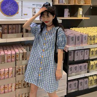 Short-sleeve Plaid Shift Dress Plaid - Blue - One Size