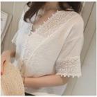 V-neck Lace Panel Short-sleeve Top