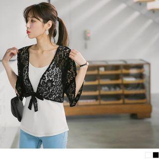 Ruffled Sleeve Cropped Lace-up Lace Cardigan