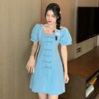 Frog-button Puff-sleeve Mini A-line Denim Dress