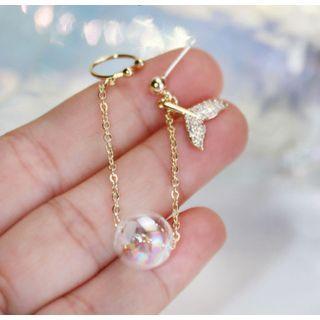 Glass Bead Rhinestone Mermaid Tail Chained Earring 1 Pc - Gold - One Size