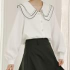 Long-sleeve Contrast Trim Blouse White - One Size