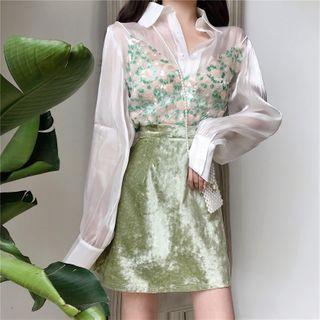 Floral Applique Camisole Top / Long-sleeve Sheer Shirt / Mini A-line Skirt
