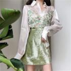 Floral Applique Camisole Top / Long-sleeve Sheer Shirt / Mini A-line Skirt