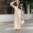 Long-sleeve Floral-print Shirt / Sleeveless Midi Knit Dress