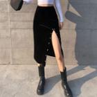 High Waist Side-split Velvet Midi Skirt