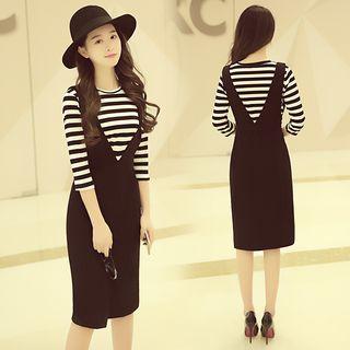 Set: 3/4-sleeve Top + Plain Jumper Dress