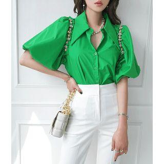 Balloon-sleeve Rhinestone-trim Blouse