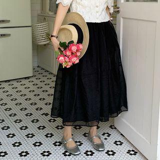 Mesh Overlay Midi A-line Skirt Skirt - Black - One Size