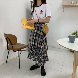 Strawberry Embroidered Short-sleeve T-shirt / Plaid Midi A-line Skirt