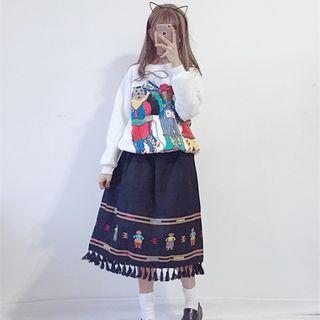 Printed Pullover / Tasseled Midi Skirt / Set: Printed Pullover + Tasseled Midi Skirt