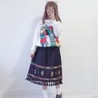 Printed Pullover / Tasseled Midi Skirt / Set: Printed Pullover + Tasseled Midi Skirt