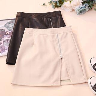 Zip-up Slit Mini A-line Faux Leather Skirt