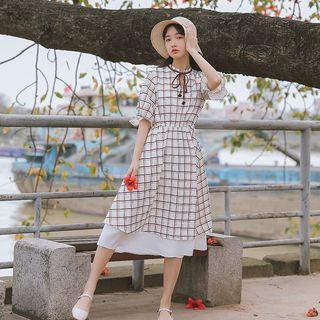 Plaid Elbow-sleeve Tie-neck Dress