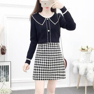 Set: Contrast Trim Knit Top + Houndstooth Skirt