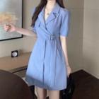 Belted Short-sleeve Blazer Dress Airy Blue - One Size