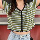 Short-sleeve Striped Buttoned Knit Cropped Top As Shown In Figure - One Size