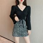 Drawstring Long-sleeve T-shirt / Leopard Print Mini A-line Skirt