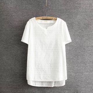 Split-neck Embroidered Short-sleeve Top