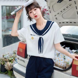 Set: Short-sleeve Sailor Collar Smiley Face Embroidered T-shirt + Shorts