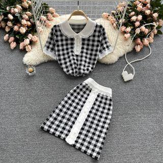 Set: Short-sleeve Plaid Polo Shirt + A-line Skirt