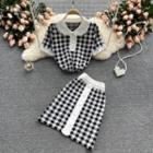 Set: Short-sleeve Plaid Polo Shirt + A-line Skirt
