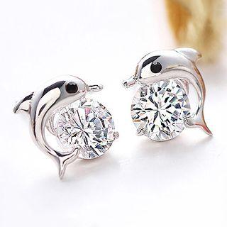 Cz Dolphin Stud Earring 1 Pair - 3a - One Size