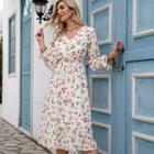Long Sleeve V Neck Flower Print A-line Dress