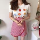 Flower Embroidered Knit Top / Ruffle Trim Plaid Mini Skirt