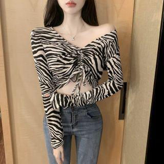 Long-sleeve Printed Drawstring Cropped T-shirt