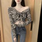 Long-sleeve Printed Drawstring Cropped T-shirt