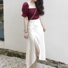 Square-neck Short-sleeve Blouse / Side Slit Midi A-line Skirt