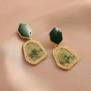 Gemstone Earring 1 Pair - S925 Silver Needle Earring - Dark Green Faux Gemstone - Yellow - One Size