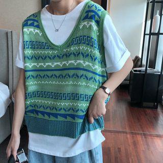 Elbow-sleeve T-shirt / V-neck Patterned Knit Vest
