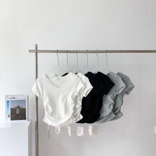 Short Sleeve V-neck Ruched T-shirt