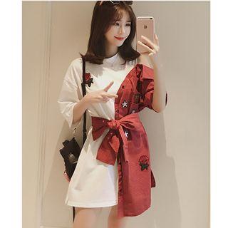 Appliqu  Plaid Panel T-shirt Dress