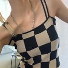 Checkerboard Camisole Top / Plain Knit Crop Top / Set