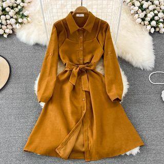 Mock Two Piece Corduroy A-line Shirt Dress