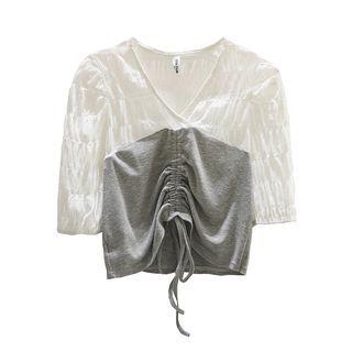 V-neck Two-tone Drawstring T-shirt White - One Size