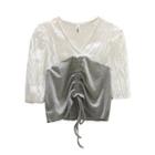 V-neck Two-tone Drawstring T-shirt White - One Size