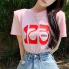 Short-sleeve Number Print T-shirt Pink - One Size
