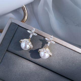 Rhinestone Faux Pearl Dangle Earring 1 Pair - White Faux Pearl - Silver - One Size