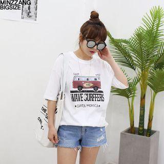 Elbow-sleeve Car Print T-shirt