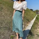 Short-sleeve Plain Blouse / Dot Print Midi Skirt