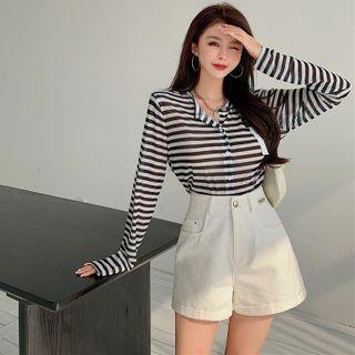 Striped Button-up Light Top / High-waist Wide Shorts