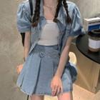 Puff-sleeve Cropped Denim Jacket / Pleated Mini A-line Denim Skirt