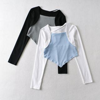 Mock Two-piece Long-sleeve Print Panel Top
