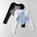 Mock Two-piece Long-sleeve Print Panel Top